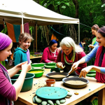 **

A vibrant community festival scene in a lush garden setting. People are planting seeds, participating in a natural dyeing workshop with colorful scarves, and kids are getting their faces painted with natural pigments. In the background, there's a recycling art exhibit made from repurposed materials. The overall atmosphere is joyful, educational, and eco-conscious.

**