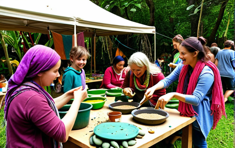 **

A vibrant community festival scene in a lush garden setting. People are planting seeds, participating in a natural dyeing workshop with colorful scarves, and kids are getting their faces painted with natural pigments. In the background, there's a recycling art exhibit made from repurposed materials. The overall atmosphere is joyful, educational, and eco-conscious.

**
